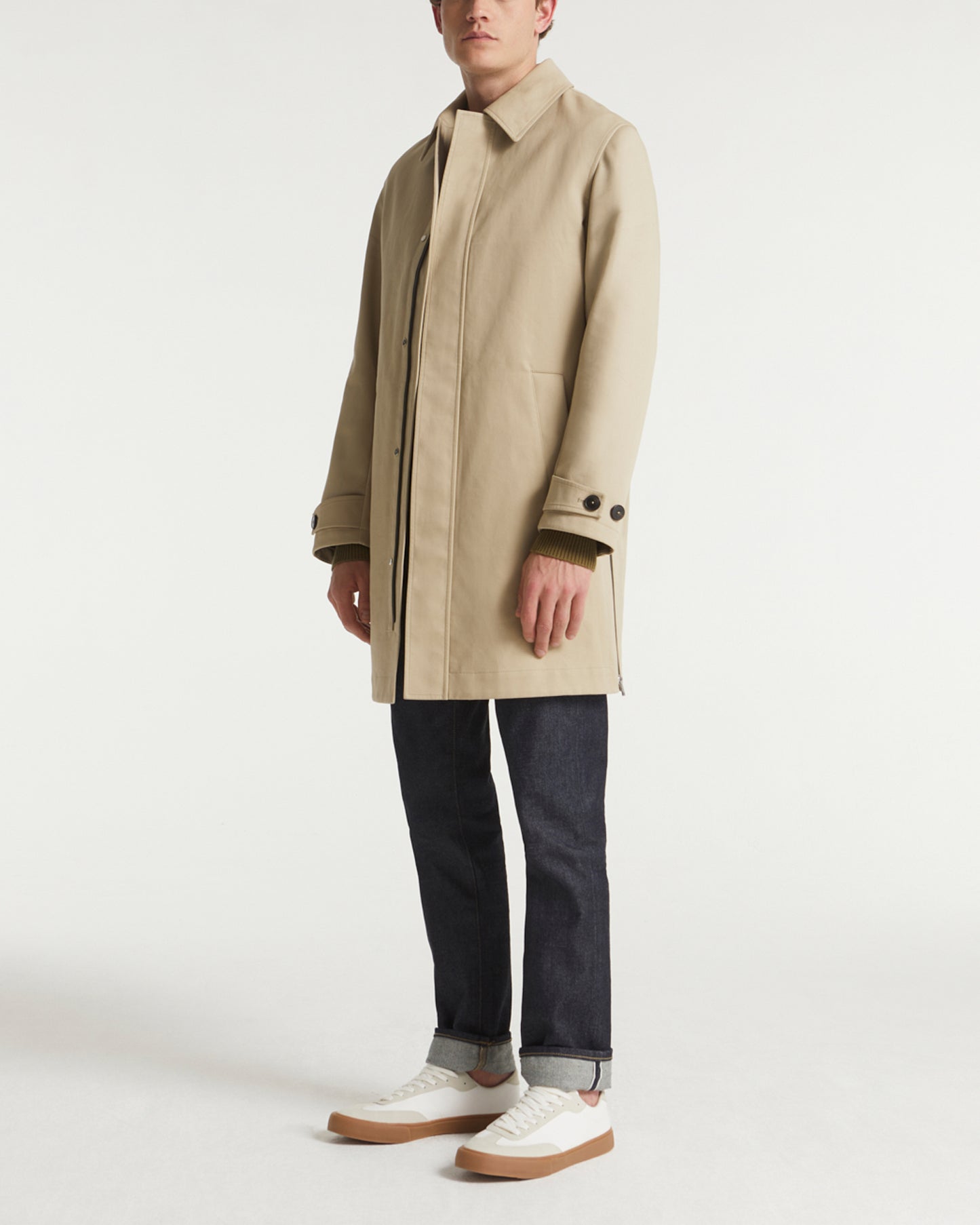 Mac coat in double-sided fabric with leather details
