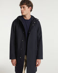 Hooded coat in double-sided fabric with leather details