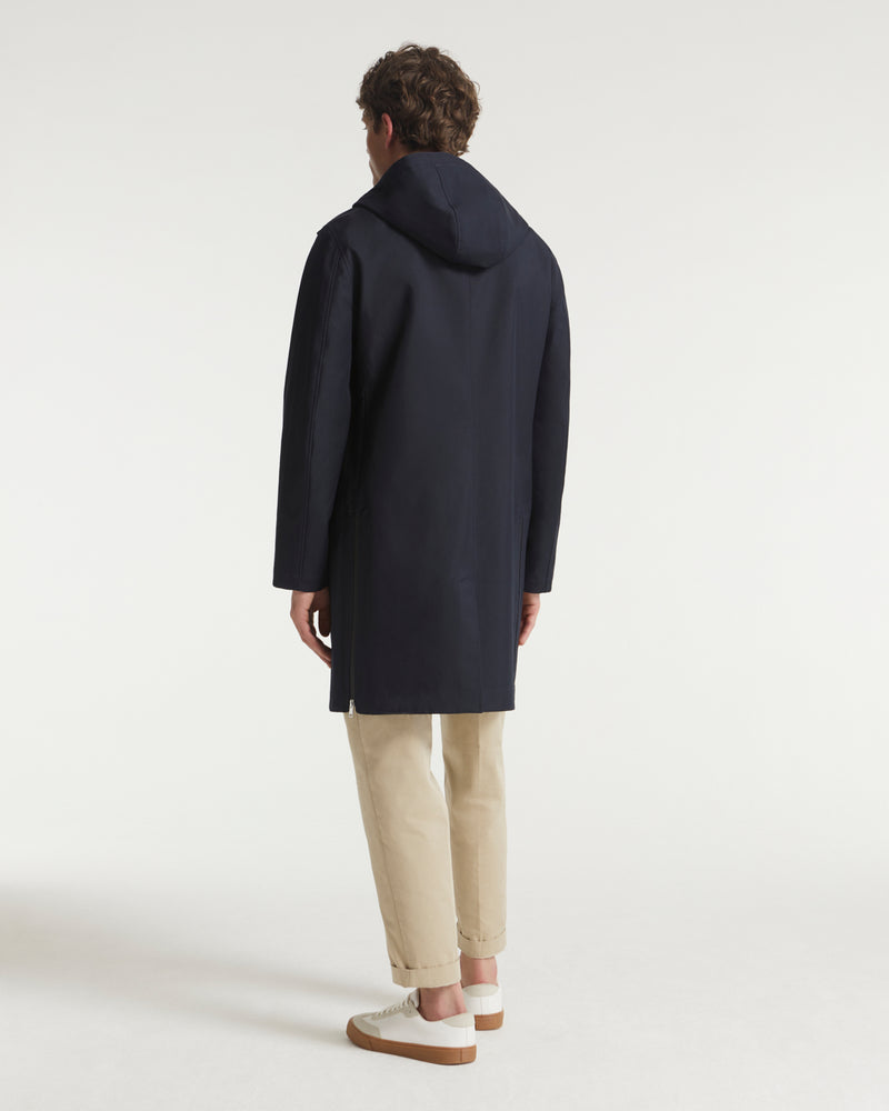 Hooded coat in double-sided fabric with leather details - blue
