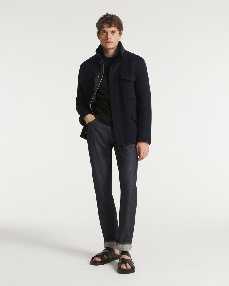 Field jacket in double-sided wool-cashmere with mink trim - navy