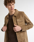 Calfskin leather jacket with a suede finish, denim cut