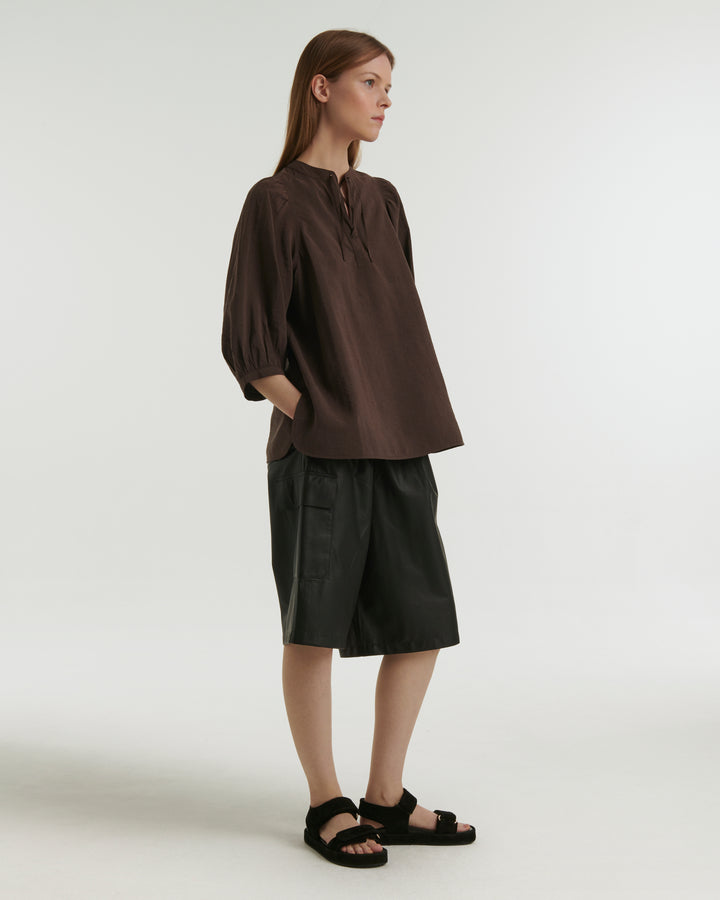 Silk seersucker tie blouse - brown