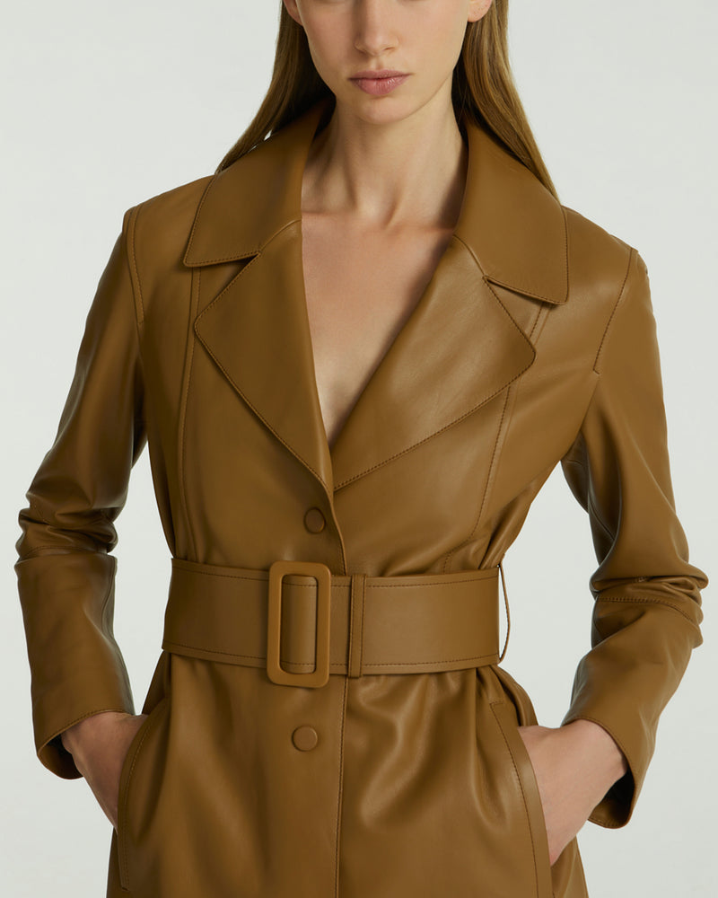 Long lamb leather trench coat