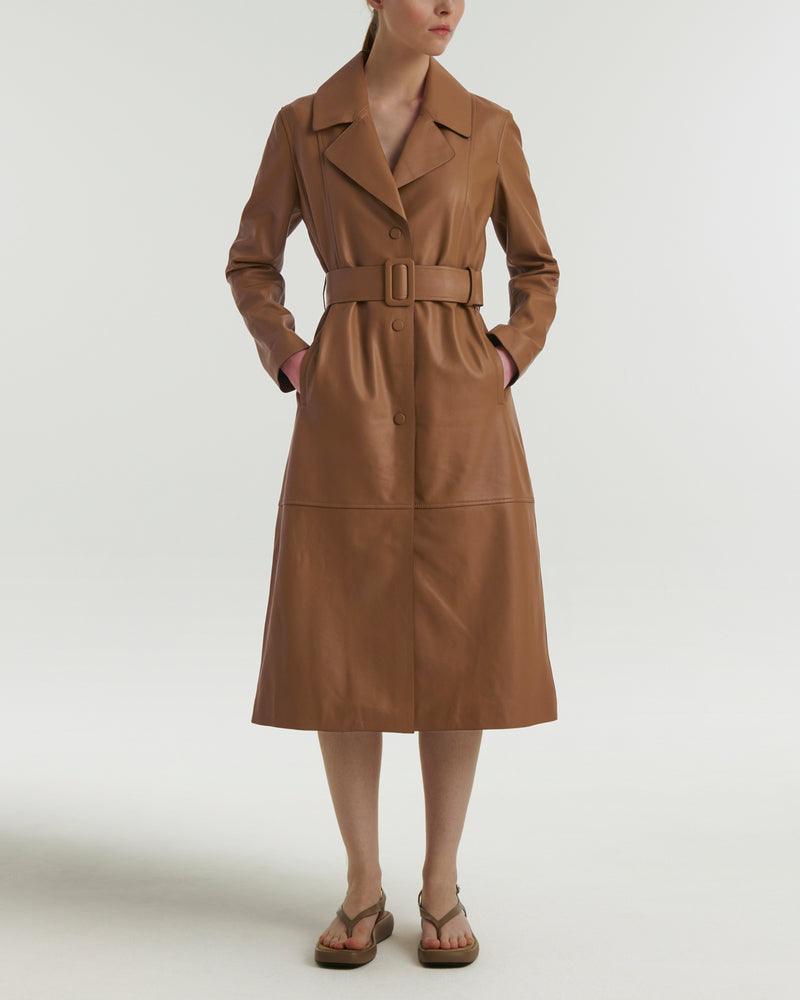 Long leather trench coat - brown