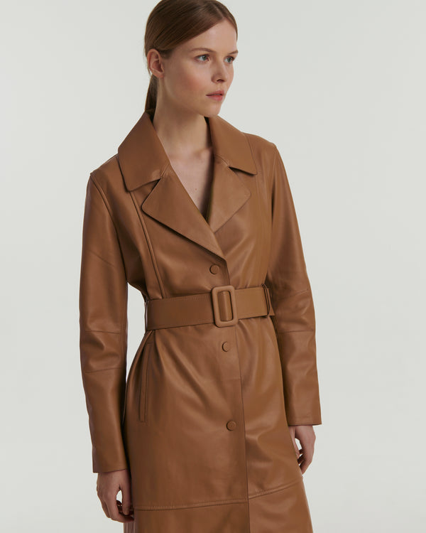 Long leather trench coat - brown