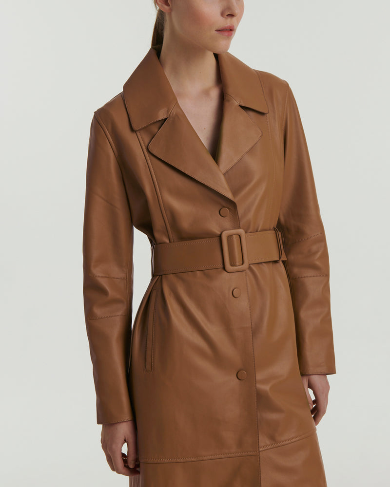 Long leather trench coat - brown