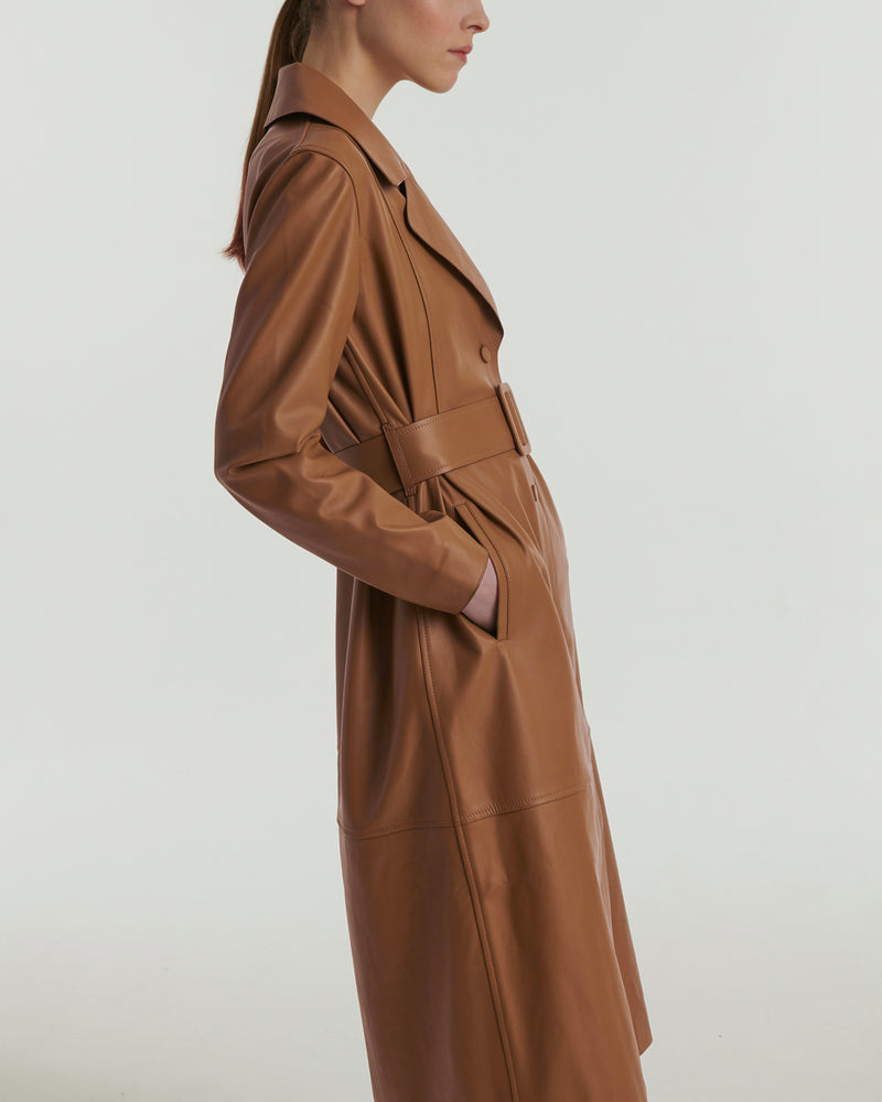 Long leather trench coat - brown