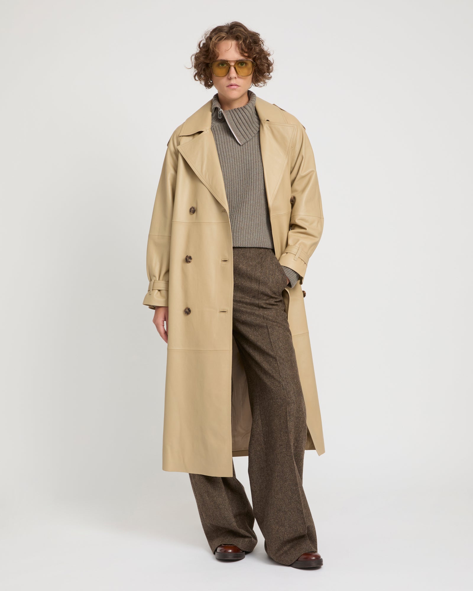 Long belted trench coat in lamb leather -Yves Salomon