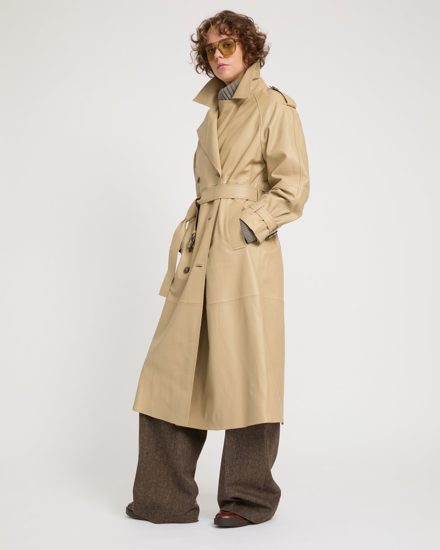 Long belted trench coat in lamb leather -Yves Salomon