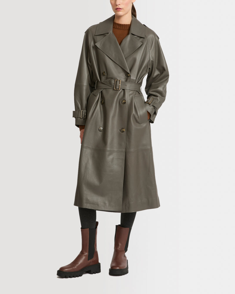 Long belted trench coat in lamb leather