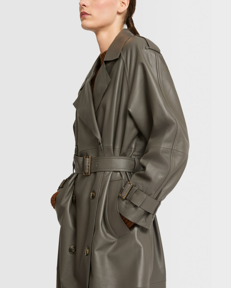 Long belted trench coat in lamb leather