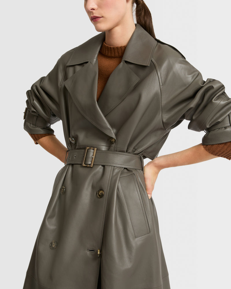 Long belted trench coat in lamb leather