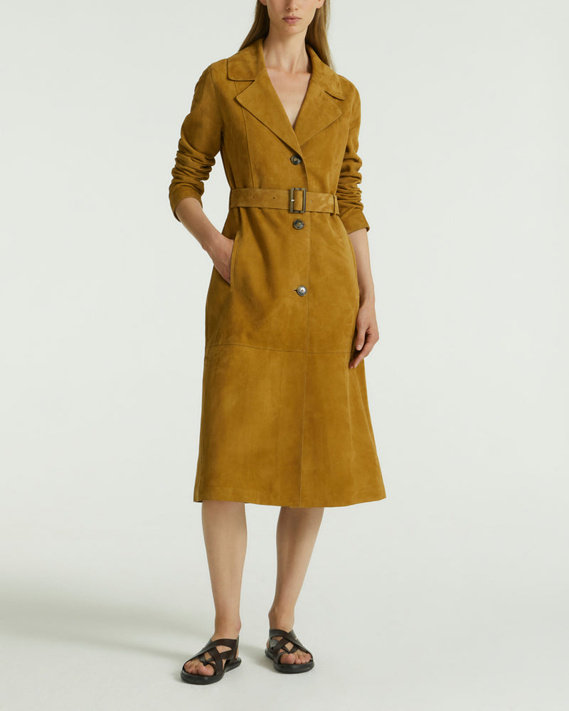 Long belted trench coat in double-sided velour lamb leather
