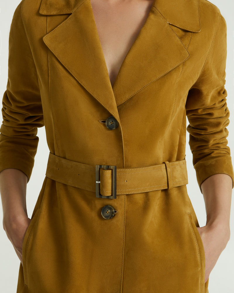 Long belted coat in double-sided velour lamb leather - brown