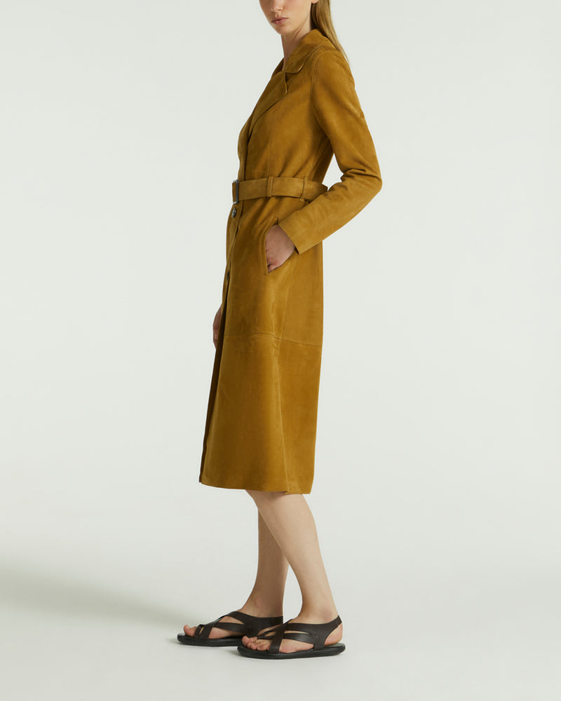 Long belted trench coat in double-sided velour lamb leather