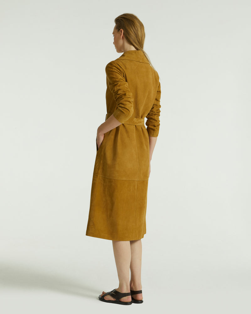 Long belted coat in double-sided velour lamb leather - brown