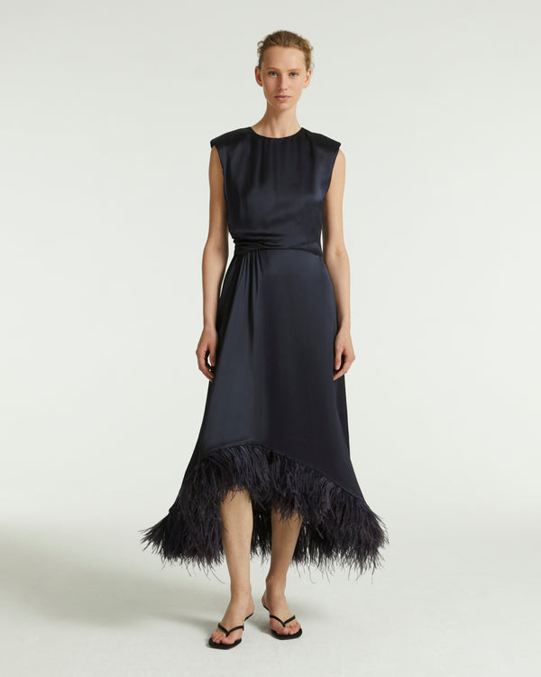 Satin dress with feathers - blue