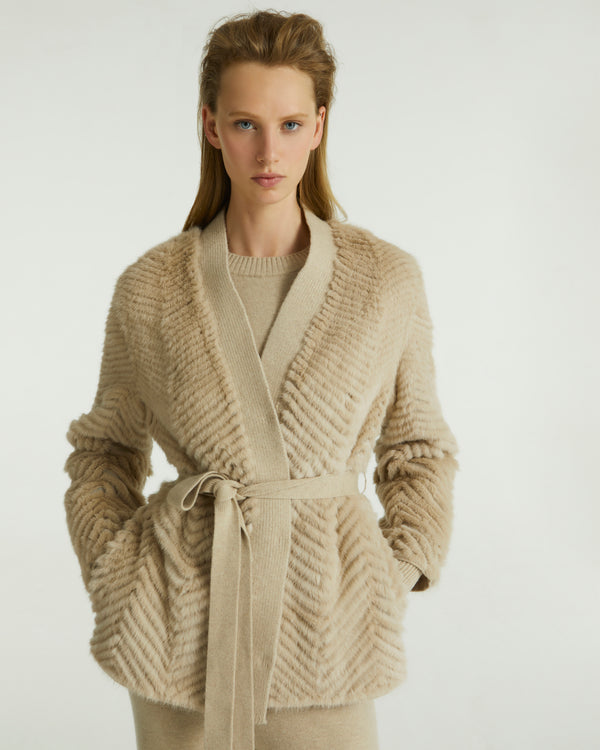 Merino knit and mink cardigan - beige