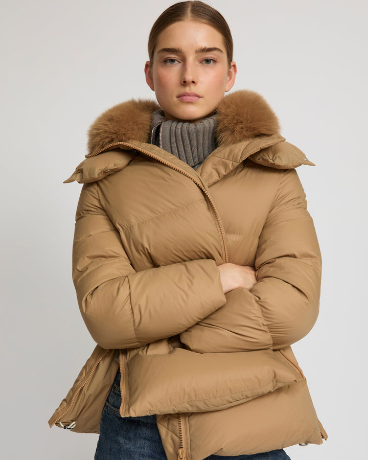 Iconic "A" line down jacket with fox fur collar