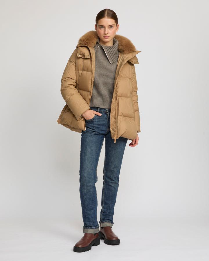 Iconic "A" line down jacket with fox fur collar
