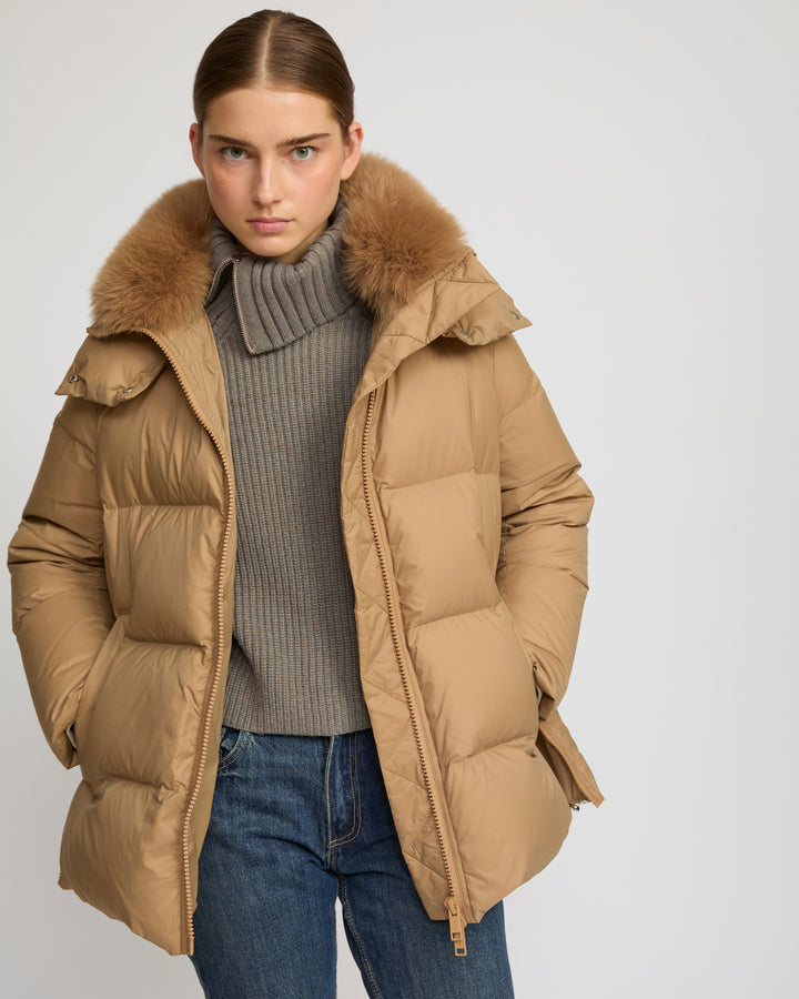 Iconic "A" line down jacket with fox fur collar
