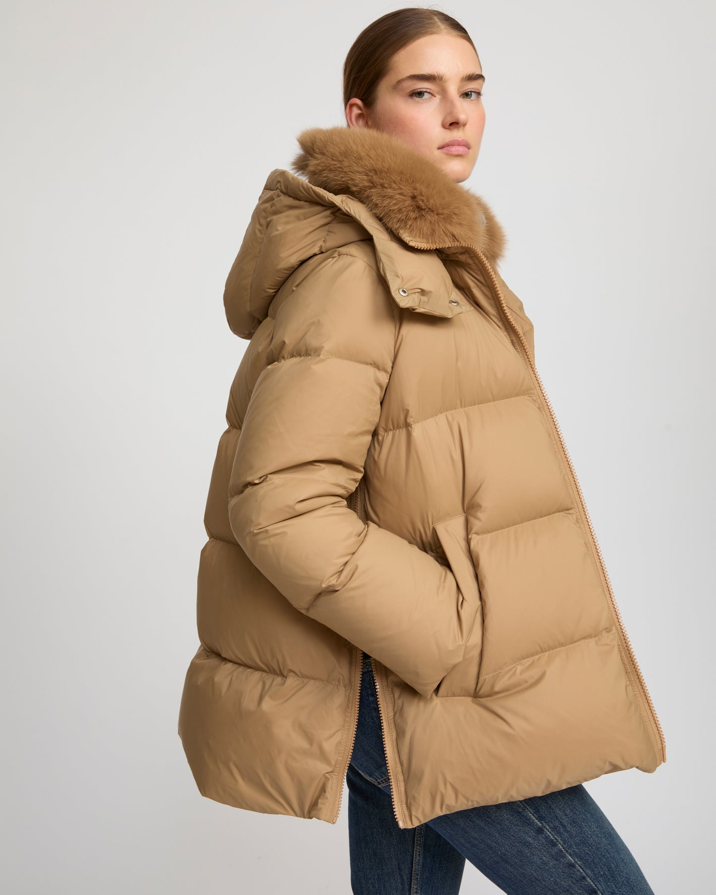 Iconic "A" line down jacket with fox fur collar