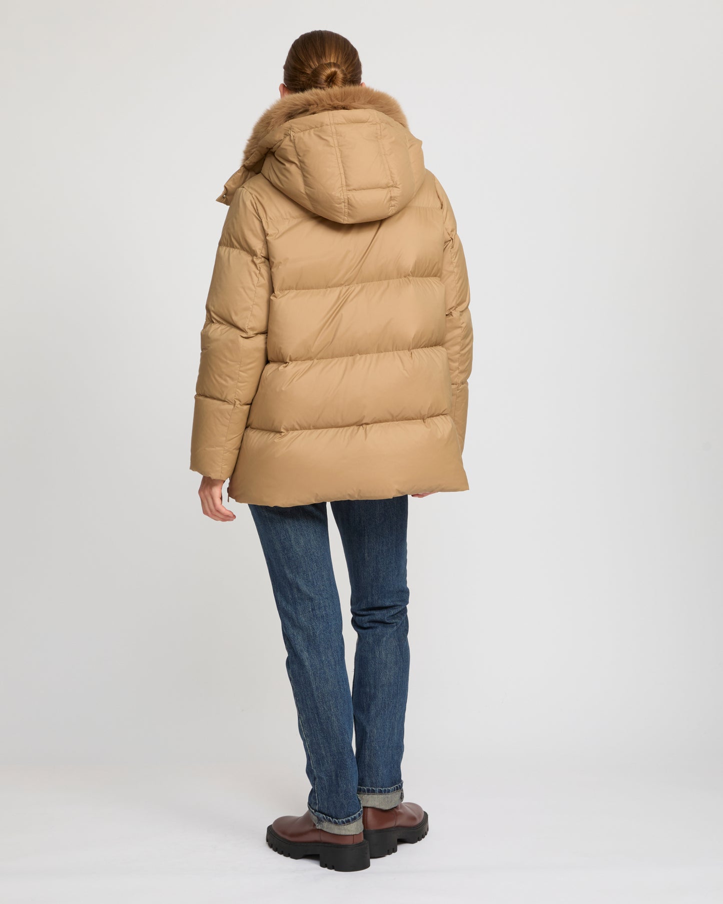 Iconic "A" line down jacket with fox fur collar