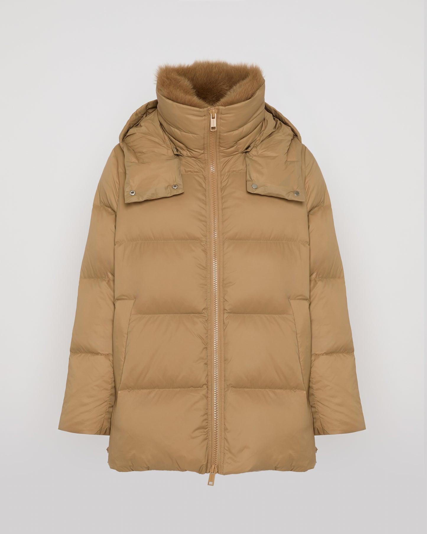 Iconic "A" line down jacket with fox fur collar