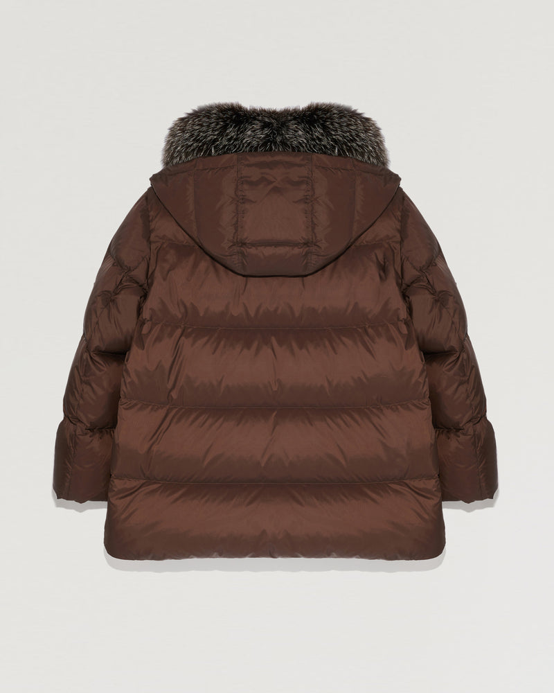 "A" line down jacket in water-repellent technical fabric with fox fur collar-Yves Salomon-Winter sale & boxing day