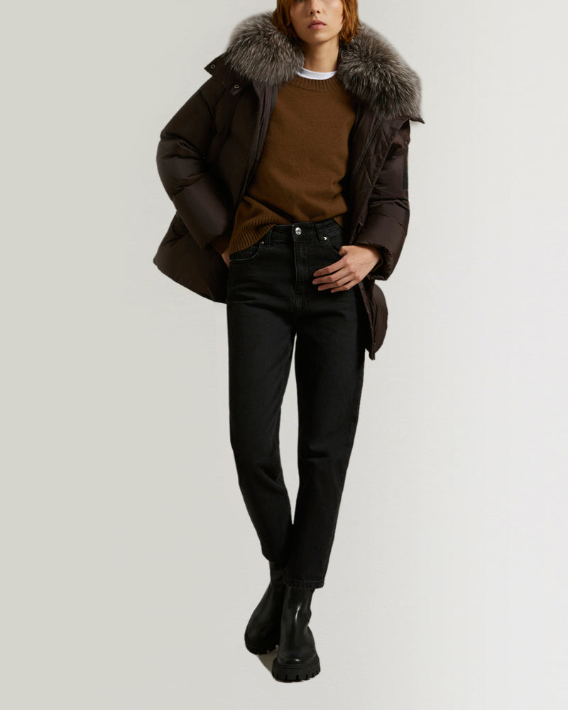 "A" line down jacket in water-repellent technical fabric with fox fur collar-Yves Salomon-Winter sale & boxing day