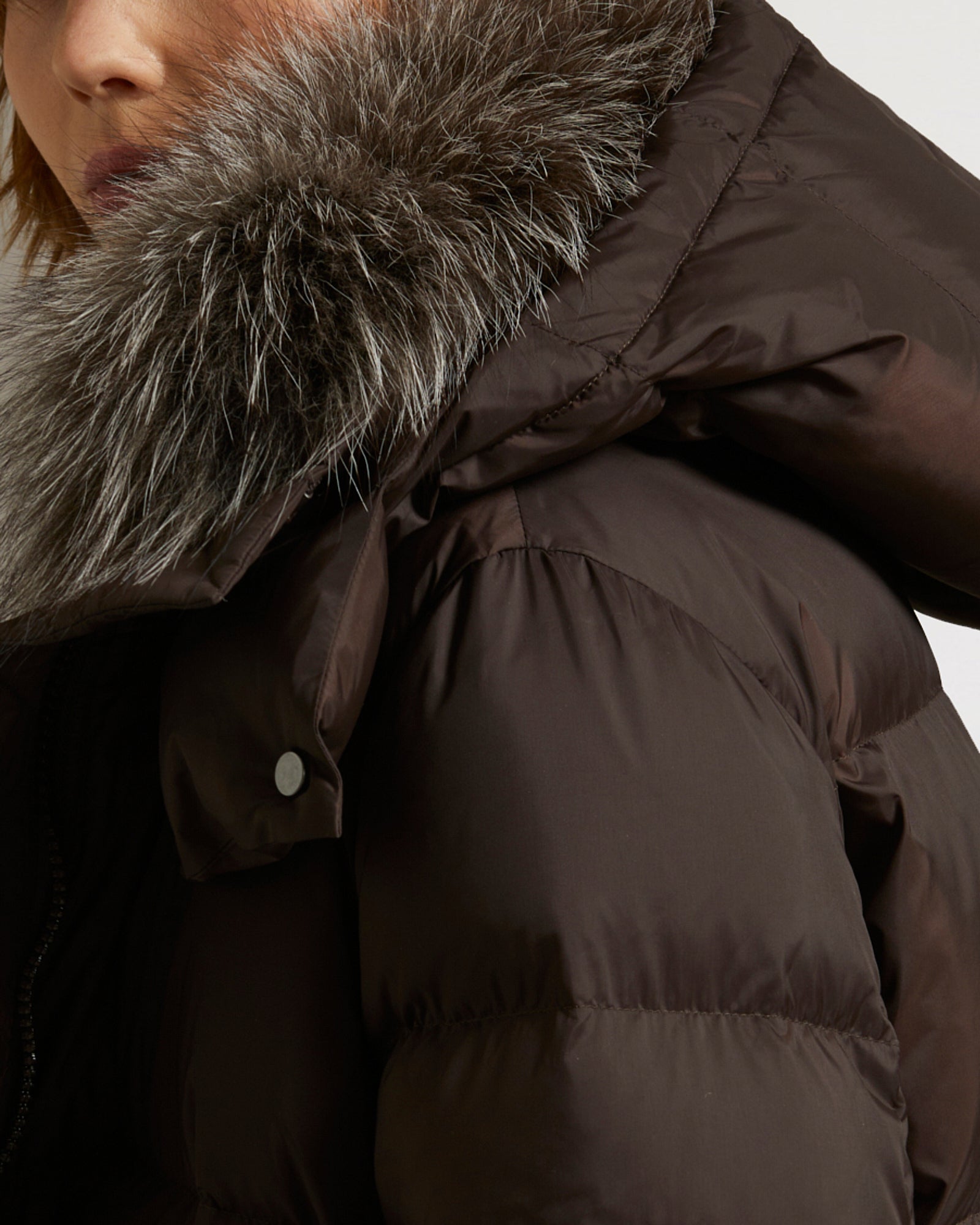 "A" line down jacket in water-repellent technical fabric with fox fur collar-Yves Salomon-Winter sale & boxing day