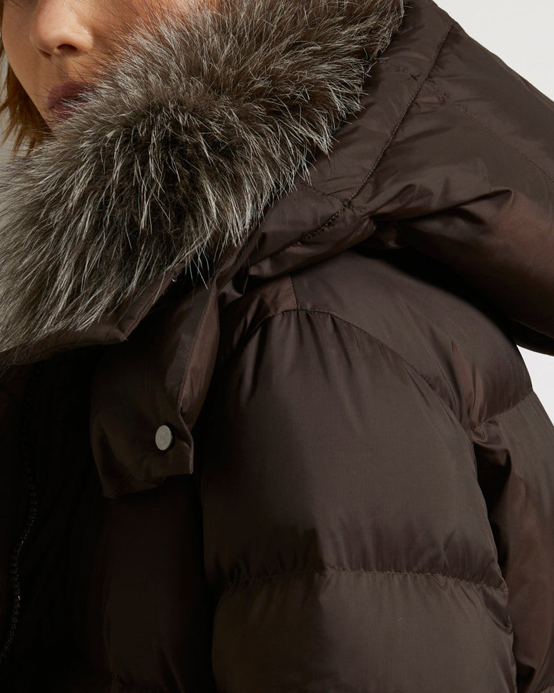 "A" line down jacket in water-repellent technical fabric with fox fur collar-Yves Salomon-Winter sale & boxing day