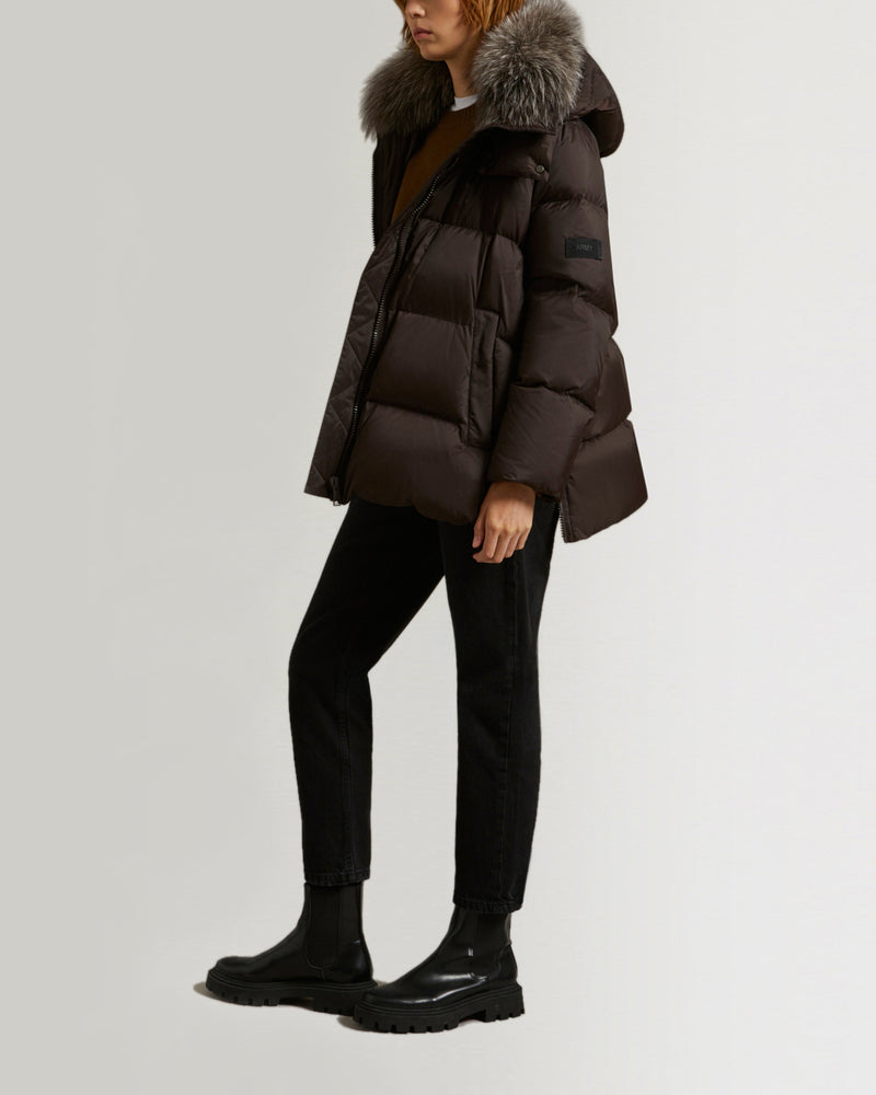 "A" line down jacket in water-repellent technical fabric with fox fur collar-Yves Salomon-Winter sale & boxing day