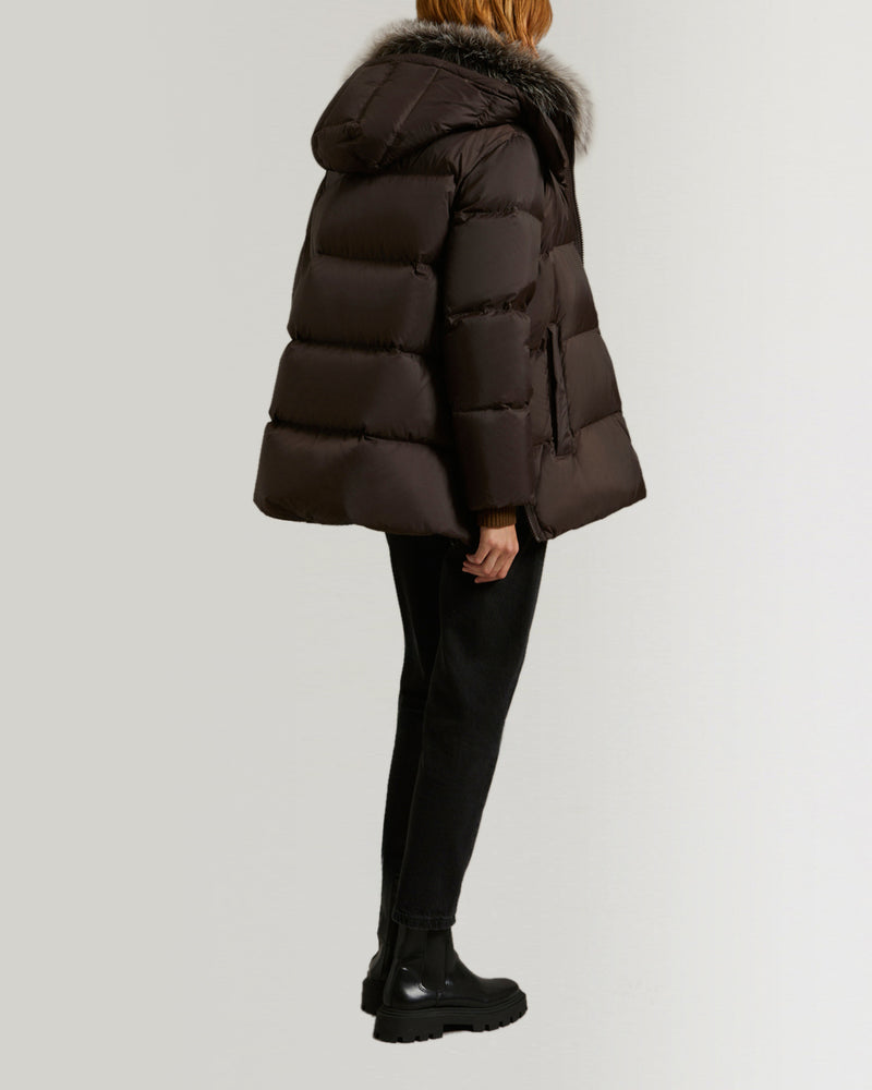 "A" line down jacket in water-repellent technical fabric with fox fur collar-Yves Salomon-Winter sale & boxing day