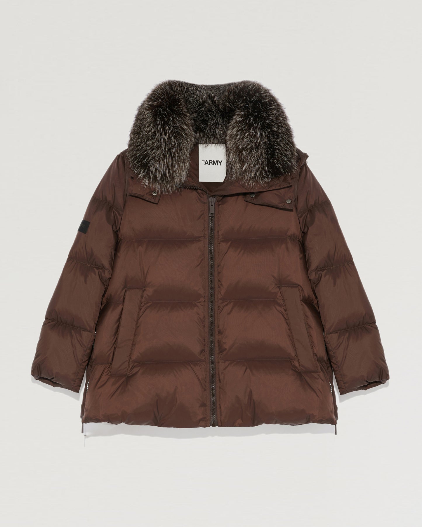"A" line down jacket in water-repellent technical fabric with fox fur collar-Yves Salomon-Winter sale & boxing day