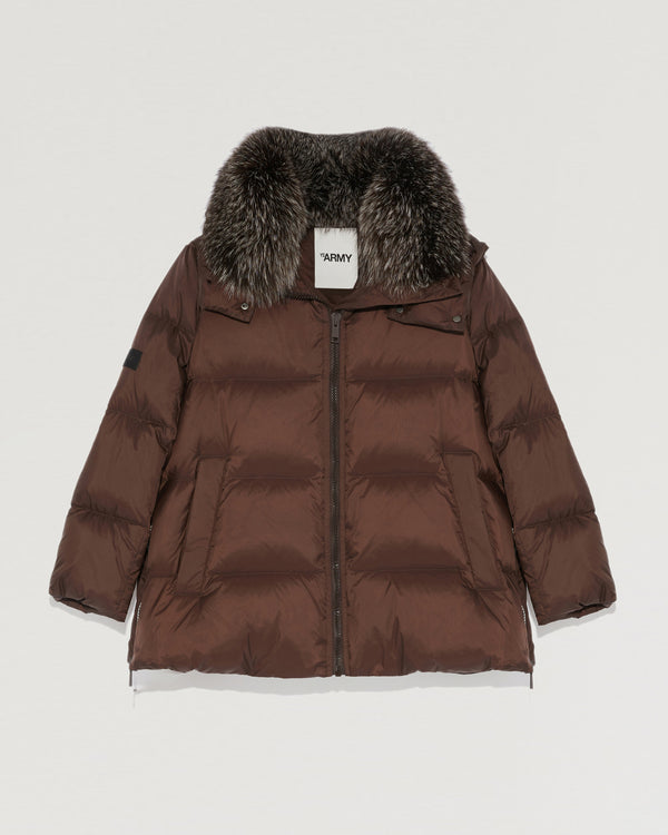 "A" line down jacket in water-repellent technical fabric with fox fur collar-Yves Salomon-Winter sale & boxing day