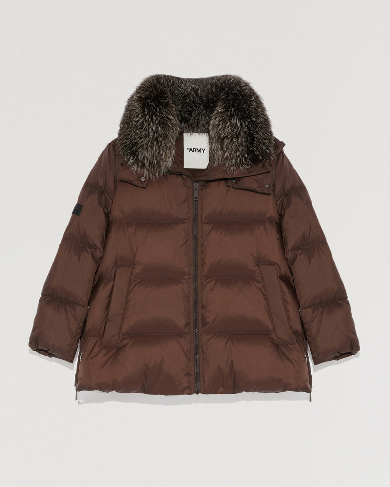 "A" line down jacket in water-repellent technical fabric with fox fur collar-Yves Salomon-Winter sale & boxing day