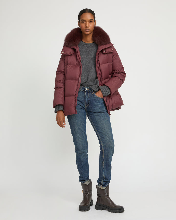 Iconic "A" line down jacket with fox fur collar