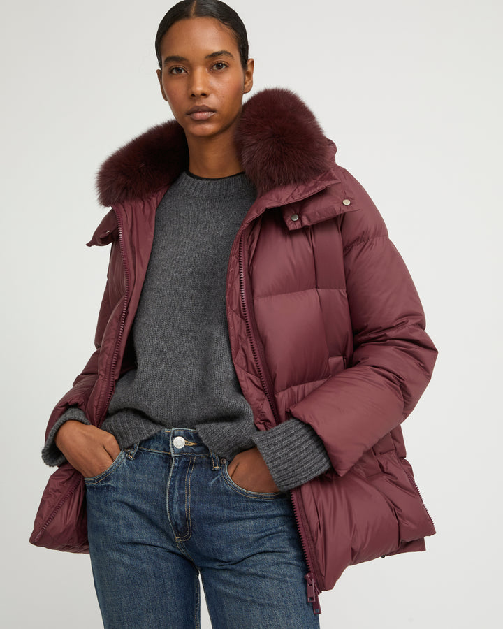 Iconic "A" line down jacket with fox fur collar