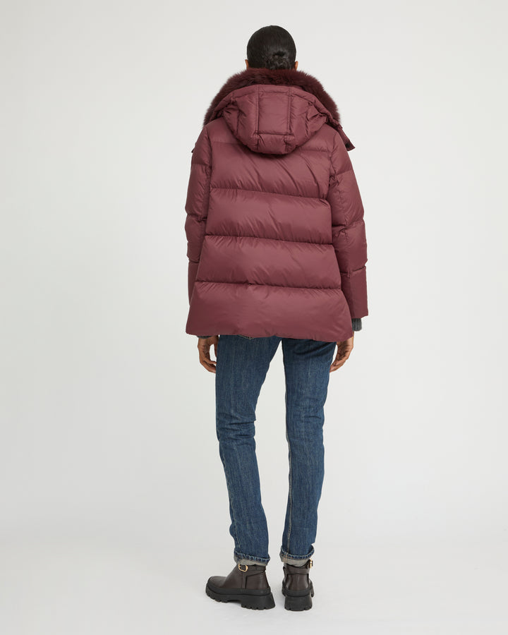 Iconic "A" line down jacket with fox fur collar
