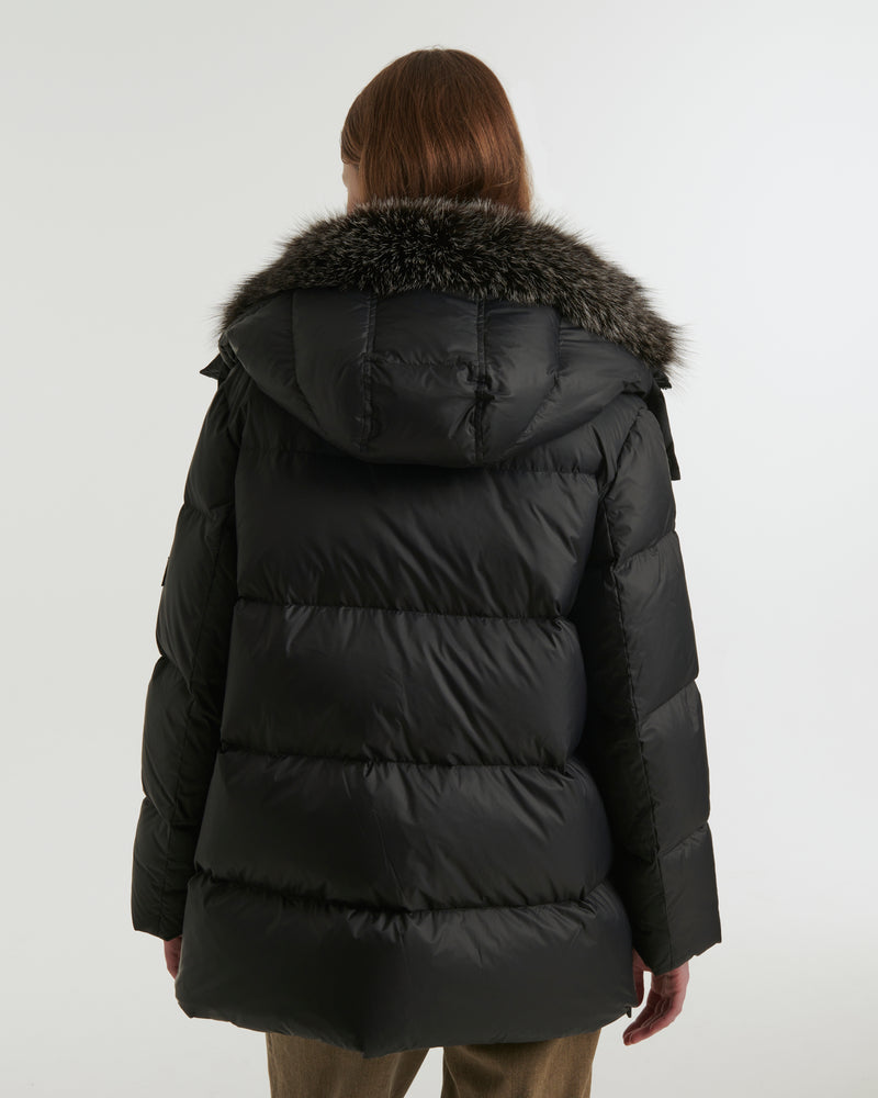 A line down jacket in water-repellent technical fabric with fox fur collar - black - Yves Salomon
