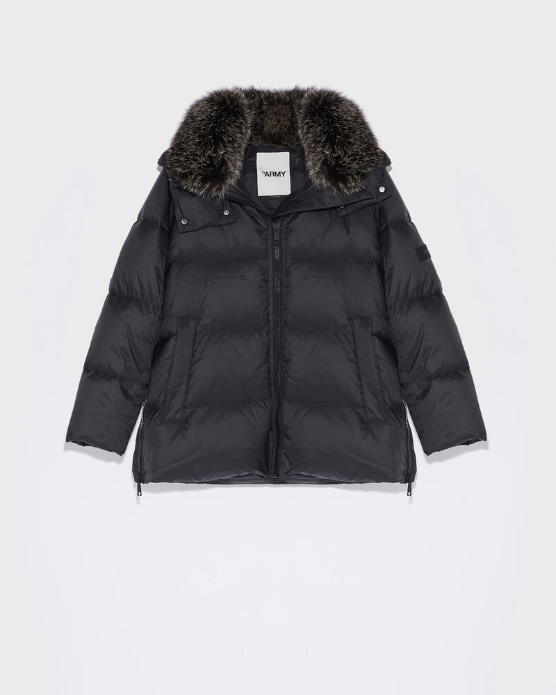 A line down jacket in water-repellent technical fabric with fox fur collar - black - Yves Salomon