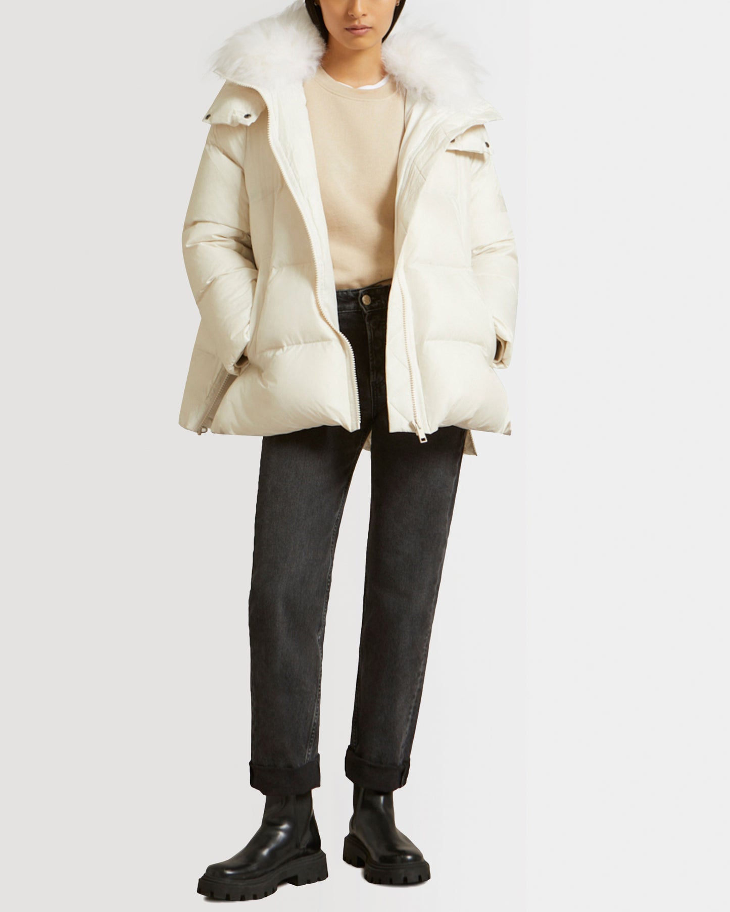 Iconic "A" line down jacket with lambswool collar