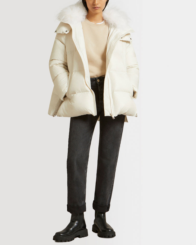 Iconic "A" line down jacket with lambswool collar
