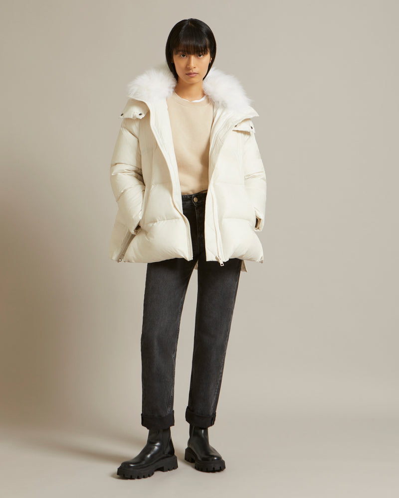A line down jacket in water-repellent technical fabric with fluffy lambswool collar - white - Yves Salomon