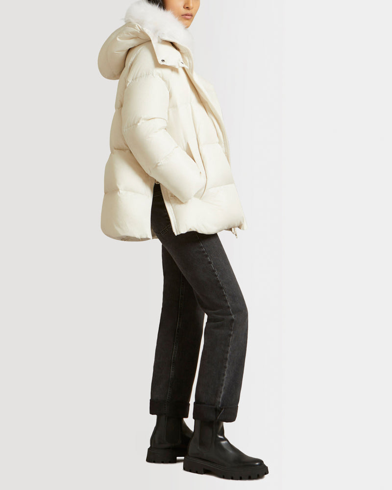 Iconic "A" line down jacket with lambswool collar