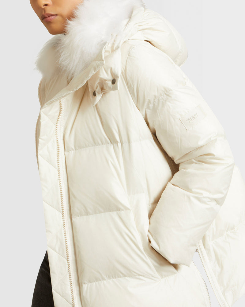 Iconic "A" line down jacket with lambswool collar