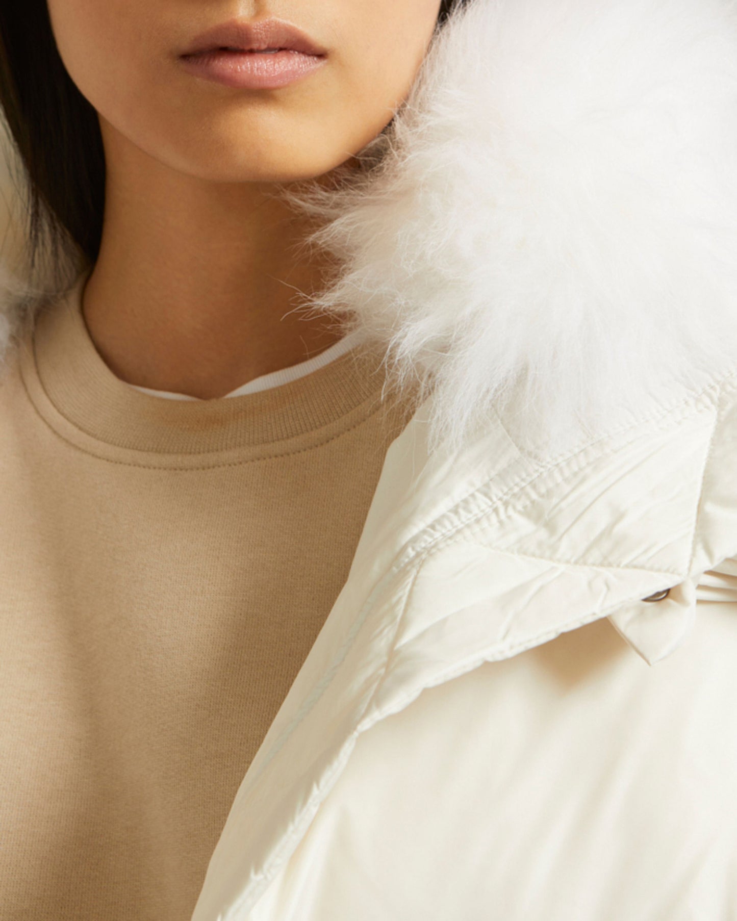 Iconic "A" line down jacket with lambswool collar
