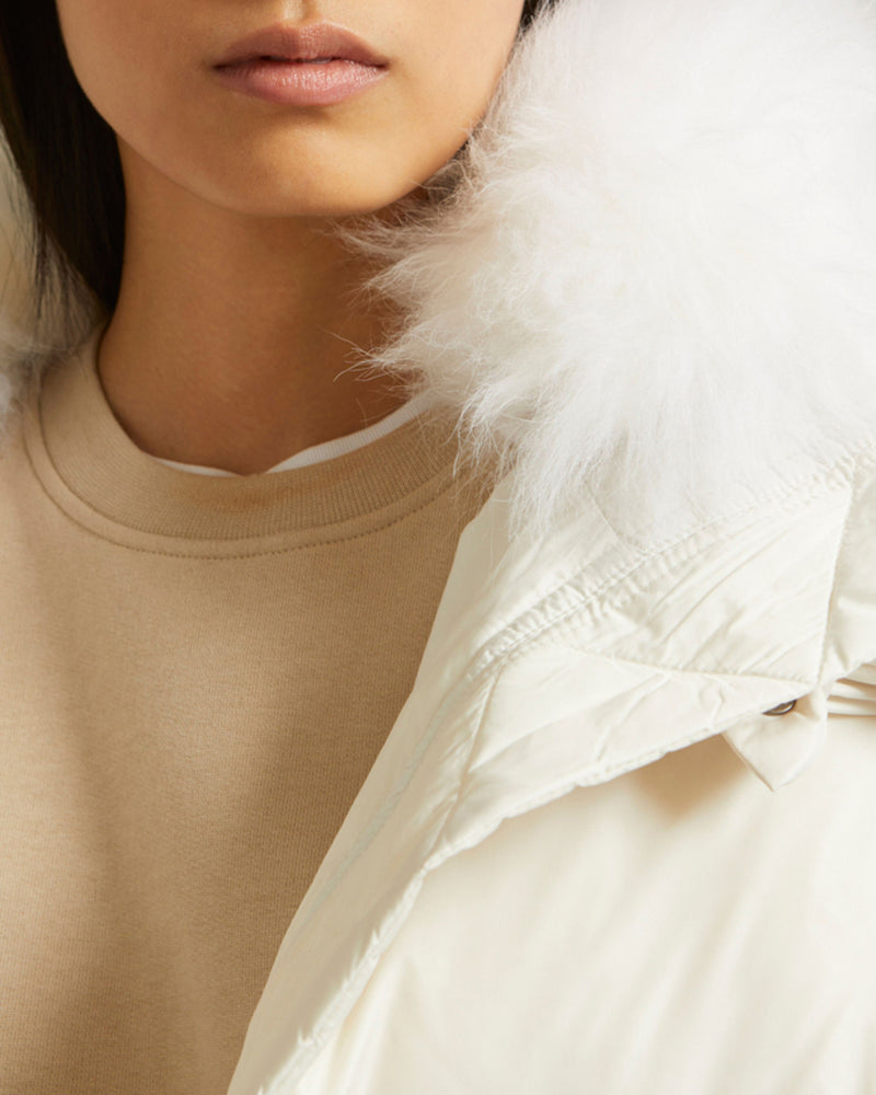 Iconic "A" line down jacket with lambswool collar
