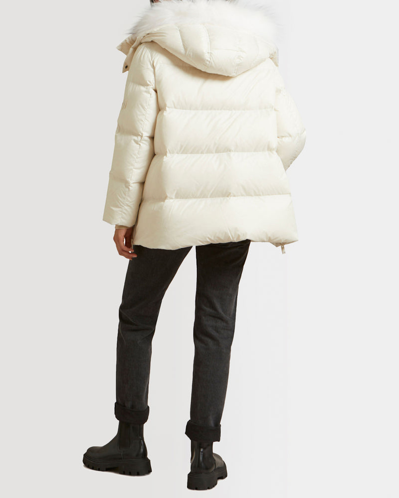 Iconic "A" line down jacket with lambswool collar